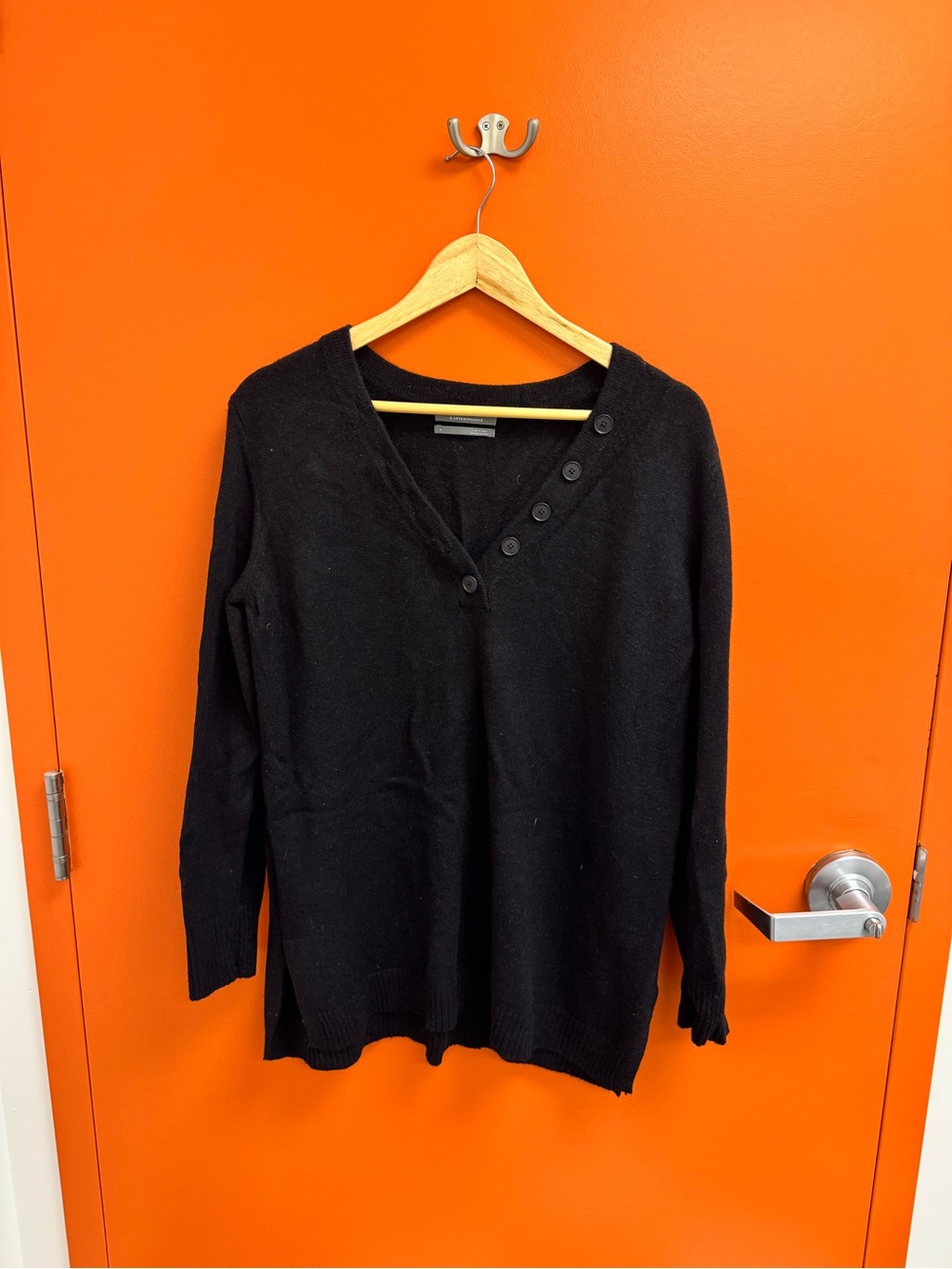 Anthropologie Black V-Neck Button Shoulder Sweater